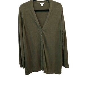 J. Jill Linen Blend Duster Cardigan XL‎ Green V-Neck Button Front Lagenlook Long